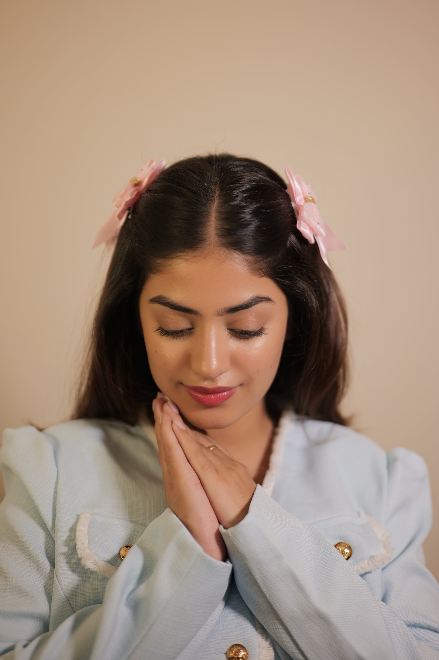 Baby Pink Ribbon & Net Bow ( Set of 1 Bow )