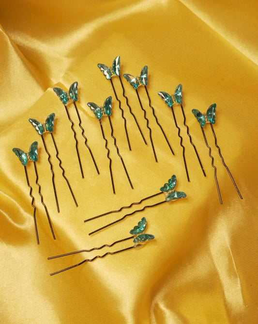 Peacock Green Crystal Butterfly Pins
