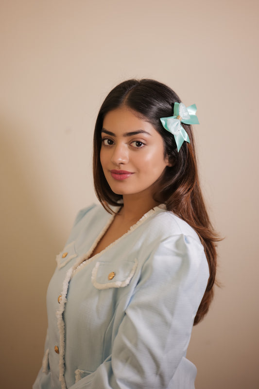 Teal Blue Ribbon & Net Bow ( Set of 1 Bow )
