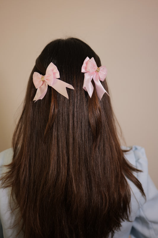 Baby Pink Ribbon & Net Bow ( Set of 1 Bow )