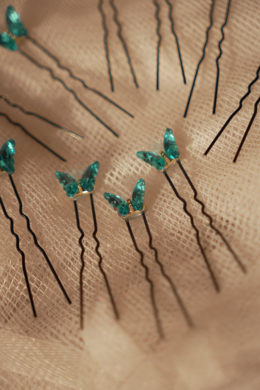Peacock Green Crystal Butterfly Pins