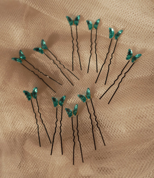 Peacock Green Crystal Butterfly Pins
