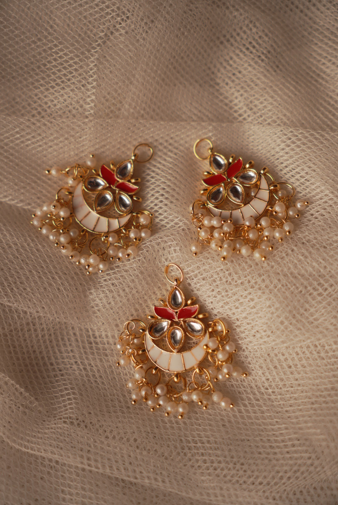 Kundan Multi-Styler DiyaBali ~ White and Red Fusion ( Small )
